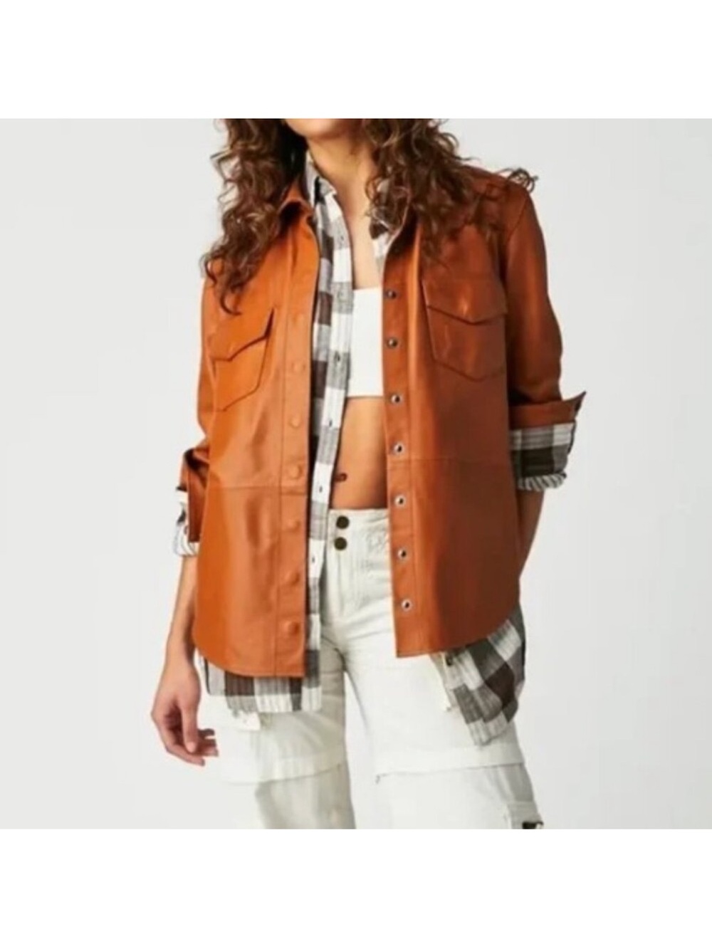 Free People Brown and White Plaid Button-Down Shirt - Picture 4 of 9